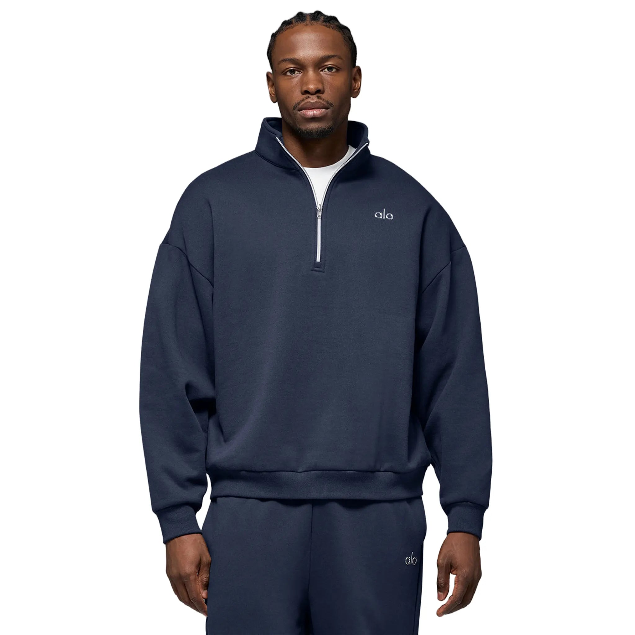Front View of Alo Yoga Accolade 1/4 Zip Navy Sweatshirt